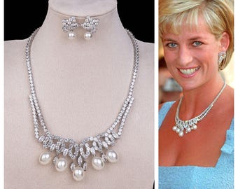 Princess Diana’s Swan Lake Suite Reproduction , with 5A CZ and Shell Pearls, Rhodium Plated.