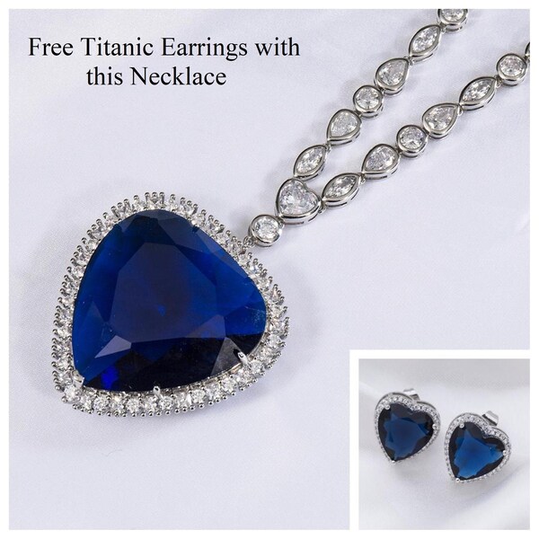 Titanic Heart of the Ocean Necklace + Pendant, Mega 55 Carat Blue Crystal & 5A Cubic Zirconia, PROMOTION Free Earrings While stocks Last.