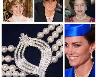 Reproducción de gargantilla de diamantes y perlas japonesas de 4 hileras de la Reina Isabel con perlas de concha genuinas y circonita cúbica 5A. Princesa Kate.