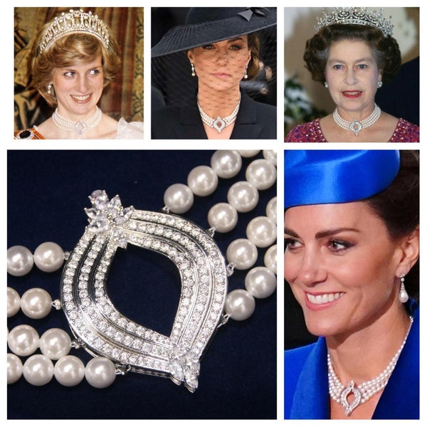 Queen Elizabeths 4 Row Japanese Pearl & Diamond Choker Reproduction with Genuine Shell Pearls, 5A Cubic Zirconia. Princess Kate.