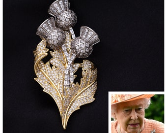 Queen Elizabeth’s Scottish Thistle Brooch with 5A Cubic Zirconia plated with Rhodium and 18k Gold, Scotland National Emblem