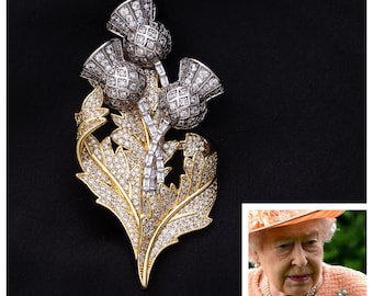 Brosche mit schottischer Distel von Königin Elizabeth mit 5A-Zirkonia, plattiert mit Rhodium und 18 Karat Gold, schottisches Nationalwappen