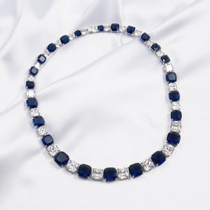 Simulated Kashmir Sapphire and Diamond Reproduction  Peacock Necklace, Graduated Cushion Cut 5A CZ Rhodium Plated