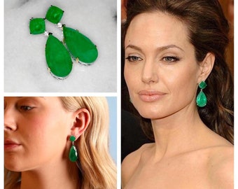 Big Brazilian Emerald doublet Dangle Drop Earrings Austrian Crystal in Solid 925 Sterling Silver & 18k gold accents, Angelina Jolie inspired