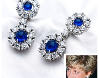 Repliche degli orecchini pendenti con zaffiro simulato, diamanti, zirconi cubici 5A e cabochon della principessa Diana e Kate