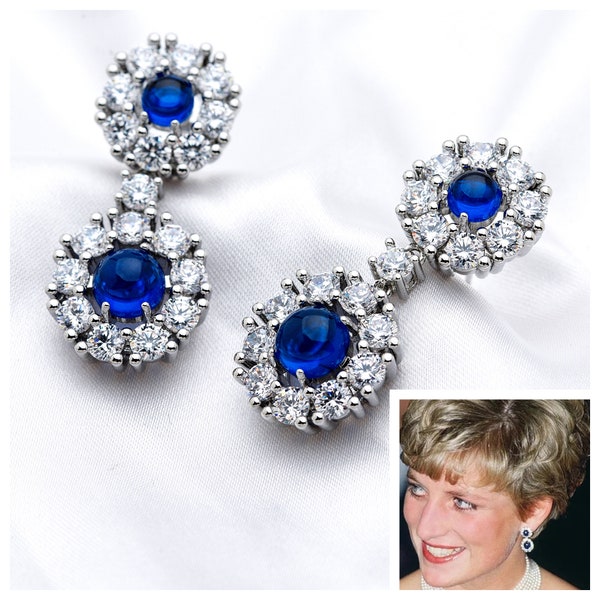 Princess Diana and Kate’s Simulated Sapphire and Diamond 5A Cubic Zirconia & Cabochon Drop Earrings Replicas