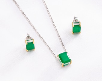 Pendant & Earrings Brazilian Emerald Doublet Austrian Crystal 925 Sterling Silver, 18k Yellow Gold Accents and Adjustable Length Necklace