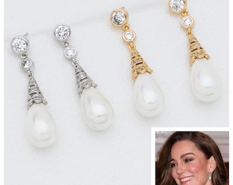 Simulated Pearl and Cubic Zirconia Drop Earrings Rhodium on Sterling Silver Simulated Pearl and Cubic Zirconia Drop Earrings Rhodium on Sterling Silver