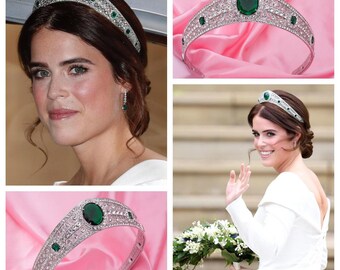 Bridal Tiara Princess Eugenie The Greville Emerald kokoshnik Royal wedding Interpretation With Green CZ and Austrian crystal Rhodium Plated