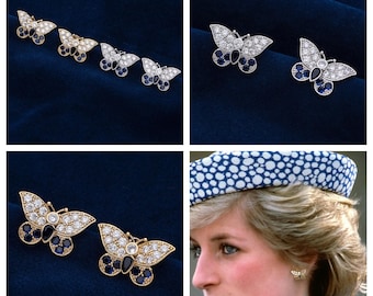 Princess Diana’s Butterly Earrings Reproduction With Sapphire and Clear 5A CZ, in Either 18k Gold or Rhodium plated