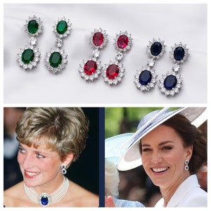 Princess Diana and Kate Middleton Sapphire and Diamond Earrings Replica Available in Simulated Sapphire, Ruby and Emerald Cubic Zirconias