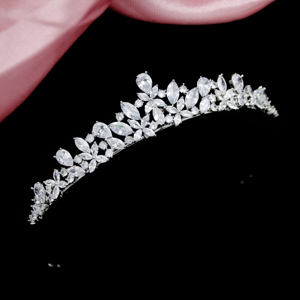 Bridal Tiara Lily Design With Simulated Diamonds,  Cubic Zirconias Rhodium Plated with the option to add a coordinating necklace set