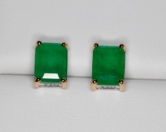 Emerald and Princess cut Studs Brazilian Emerald doublet Austrian Crystal 925 Sterling Silver with 18k yellow gold accents