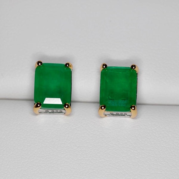 Emerald and Princess cut Studs Brazilian Emerald doublet Austrian Crystal 925 Sterling Silver with 18k yellow gold accents