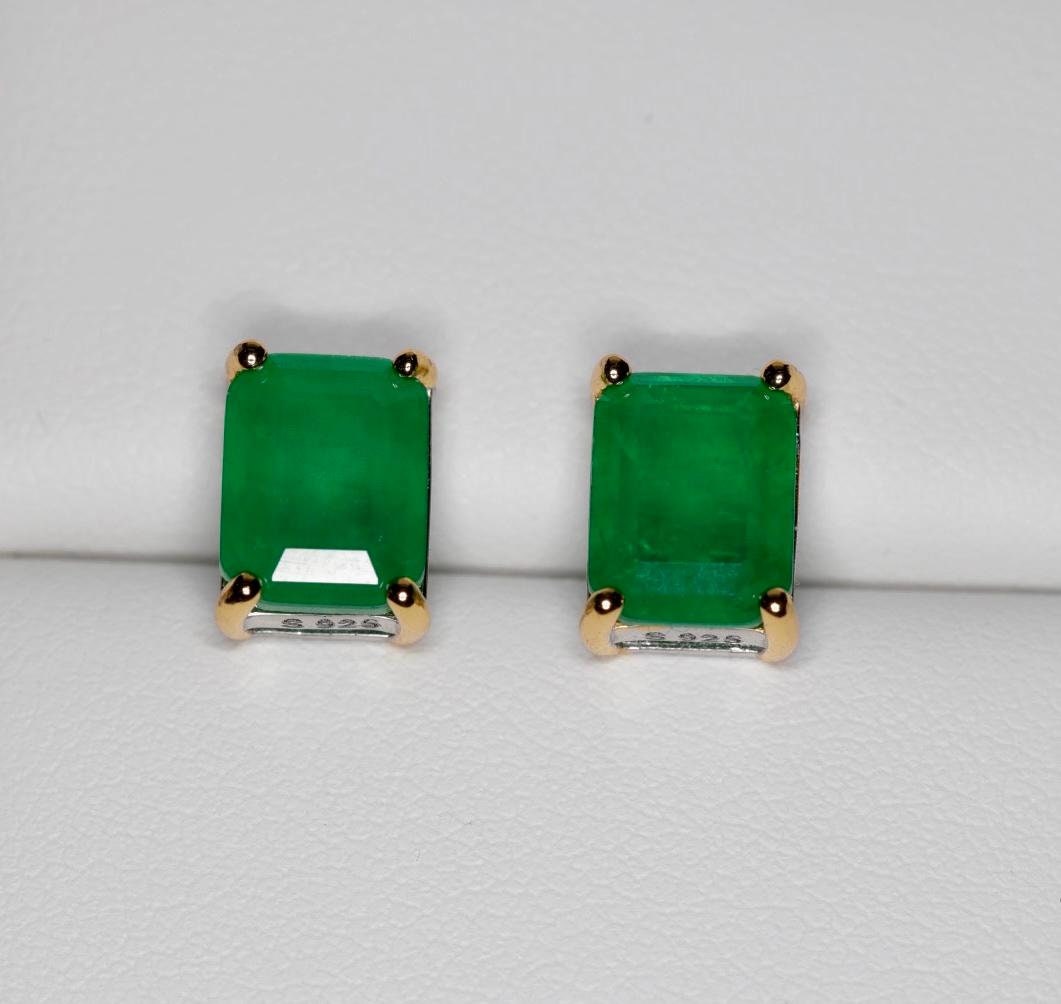 Emerald and Princess Cut Studs Brazilian Emerald Doublet Austrian Crystal 925 Sterling Silver with 18k Yellow Gold Accents