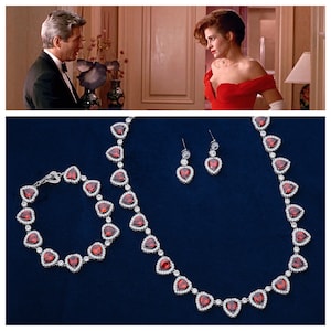 New Luxury Pretty Woman Opera Necklace & Drop Earrings Reproduction, with Ruby Red and White 5A CZ Rhodium Plated, Julia Roberts Inspired image 1