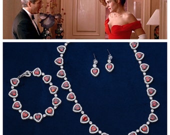New Luxury Pretty Woman Opera Necklace & Drop Earrings Reproduction, with Ruby Red and White 5A CZ Rhodium Plated, Julia Roberts Inspired