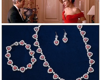 New Luxury Pretty Woman Opera Necklace & Drop Earrings Reproduction, with Ruby Red and White 5A CZ Rhodium Plated, Julia Roberts Inspired