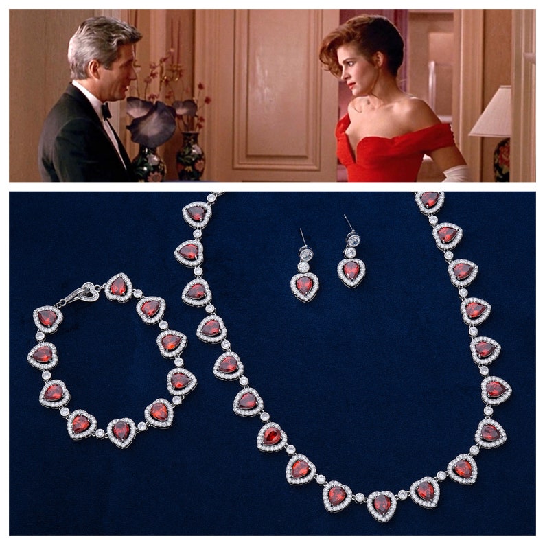 New Luxury Pretty Woman Opera Necklace & Drop Earrings Reproduction, with Ruby Red and White 5A CZ Rhodium Plated, Julia Roberts Inspired image 1