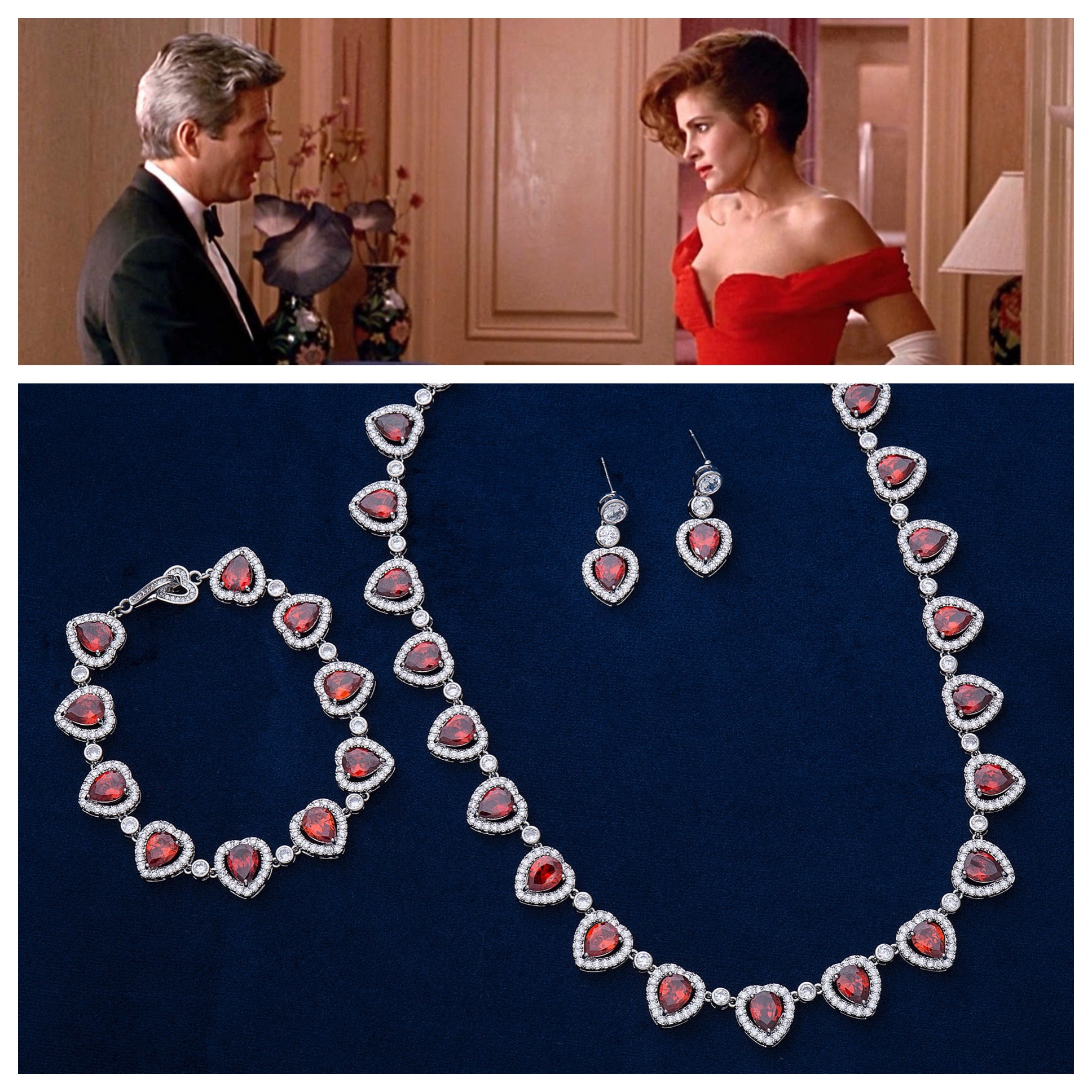 New Luxury Pretty Woman Opera Necklace & Drop Earrings Reproduction, with Ruby Red and White 5A CZ Rhodium Plated, Julia Roberts Inspired