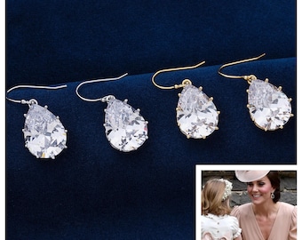 Orecchini pendenti a forma di pera con corona e zirconi cubici 5A da 13 x 18 mm, placcati in oro 18 carati o rodio. Riproduzione della Principessa del Galles