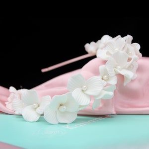 Porcelain Flowers Alice Band Anna with Gorgeous Simulated Pearl Buds on Silver Coloured Rhodium Plated Frame