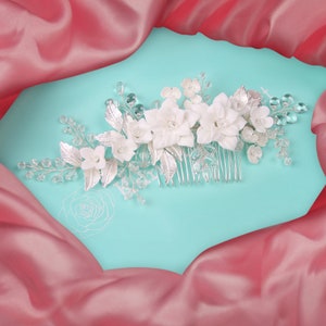 Porcelain Flowers Bridal Hair Comb Susan with Simulated Pearl and Crystals set on a Rhodium Plated Silver Coloured Comb