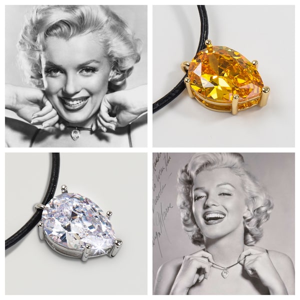 Collier ras du cou en cuir Marilyn Monroe Moon of Baroda des années 1950 BIG 5A CZ jaune canari ou blanc en forme de poire 20 x 15 mm, équivalent à 17,3 carats