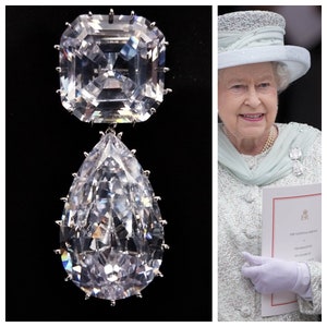 EXCLUSIVE Queen Elizabeths Cullinan III and IV Brooch Full Size Replica with Asscher & Pear Cut 5A Cubic Zirconia luxury Leather Gift Box zdjęcie 1