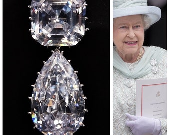 EXCLUSIEVE Queen Elizabeth's Cullinan III en IV broche, replica op volledige grootte met Asscher & Pear Cut 5A zirkonia + luxe lederen geschenkdoos