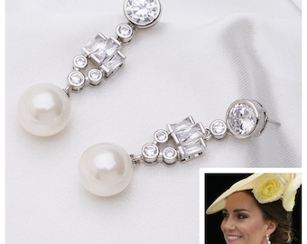 The Bahrain Pearl Earrings Reproduction with Simulated Diamonds 5A CZ, and Shell Pearls, Rhodium Plated, Princess Kate.
