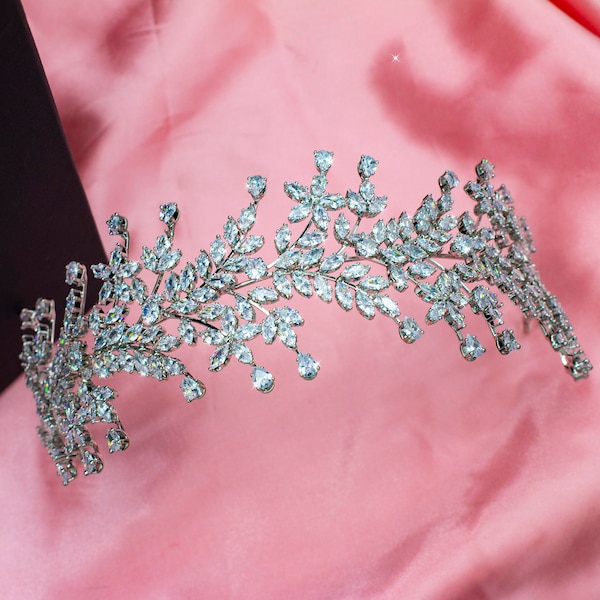 Big Bridal Alice Band with the blooming Olive Branch design with Simulated Diamonds, Cubic Zirconias, rhodium plated