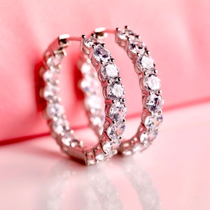 Hinged Hoop Inside Out Earrings Set with Round Simulated Diamonds 5A Cubic Zirconia in Rhodium Plated Sterling Silver 3cm Diameter