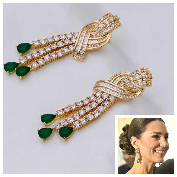 Boucles d'oreilles de parure à pampilles de la princesse Kate, doublets d'oxydes de zirconium cubiques 5 A et d'émeraudes en plaqué or 18 carats.