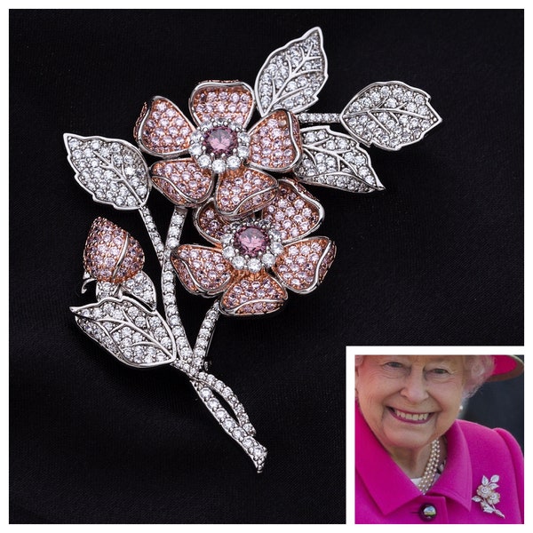 Queen Elizabeth’s English Rose Brooch with 5A Pink and Clear Cubic Zirconia Plated with Rhodium and 18k Rose Gold, England’s National Emblem