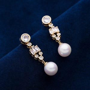 The Bahrain Pearl Earrings Reproduction with Simulated Diamonds 5A CZ, 18k Gold Plated & Shell Pearls