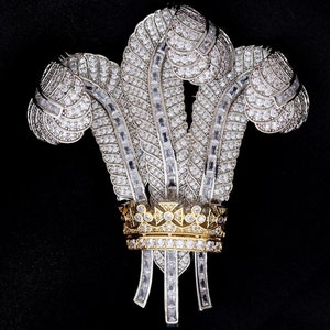 The Prince of Wales Ostrich Feather Brooch Encrusted With 5A Cubic Zirconia gold and Rhodium Plated in luxury leather Gift Box