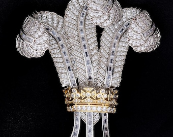 The Prince of Wales Ostrich Feather Brooch Encrusted With 5A Cubic Zirconia gold and Rhodium Plated in luxury leather Gift Box