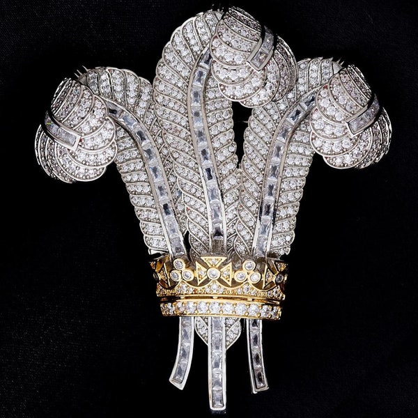 The Prince of Wales Ostrich Feather Brooch Encrusted With 5A Cubic Zircinia gold and Rhodium Plated in luxury leather Gift Box