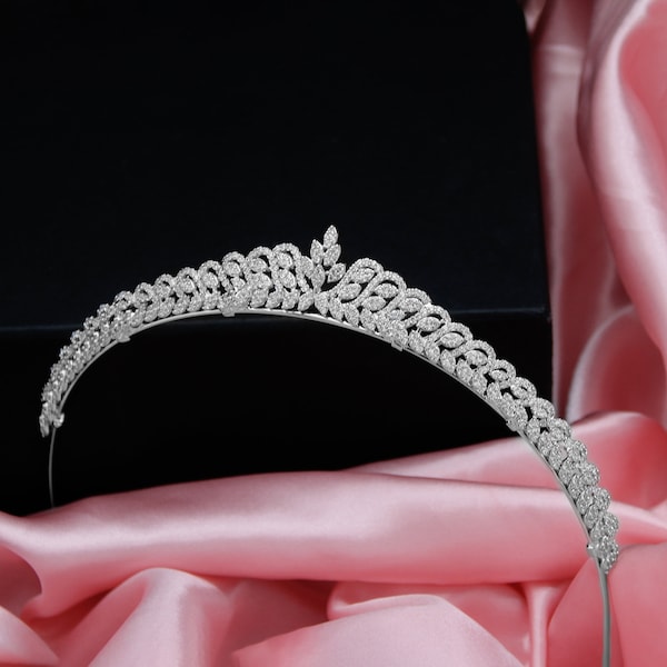 Bridal Tiara Dainty Melanie Elegant Kokoshnik style with Simulated diamonds Cubic Zirconias Rhodium Plated