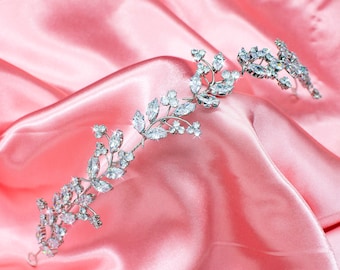 Rhodium Plated Marquise Flower Chain Bridal Hair Vine with Cubic Zirconia Simulated Diamonds