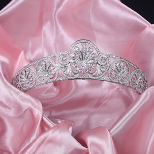 The Royal Honeysuckle Tiara with Simulated Diamonds, 5A Cubic Zirconias Rhodium Plated.