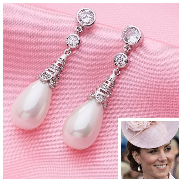 Princess of Wales Collingwood Earrings Reproduction with Shell Pearls & Simulated Diamond Encrusted Bell 5A CZ, Rhodium plated