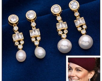 The Bahrain Pearl Earrings Reproduction with Simulated Diamonds 5A CZ, 18k Gold Plated & Shell Pearls