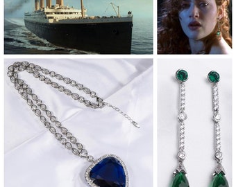 The Titanic Heart of the Ocean 18 inch Necklace & Earring Set Equivalent to a Mega 55 Carat Sapphire Blue Crystal and Simulated Emeralds