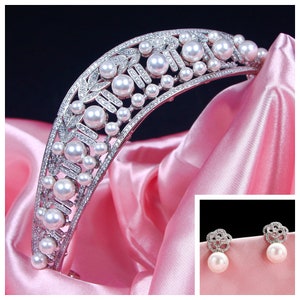 The Pearl Belle Époque Parisienne Regal Tiara Adorned with Sparkling Laurel Leaves and Simulated Pearls & Earring Option