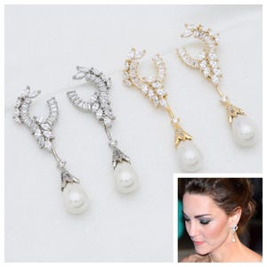 Princess of Wales South Sea Shell Pearl Drop Earrings Reproduction With MultiShape Simulated Diamonds 5A CZ, Rhodium plated