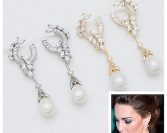 Princess of Wales South Sea Shell Pearl Drop Earrings Reproduction With MultiShape Simulated Diamonds 5A CZ, Rhodium plated