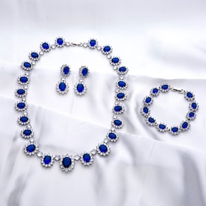 Princess Diana 3 Piece Simulated Sapphire and Diamond Jewellery Set, CZ Rhodium Plated