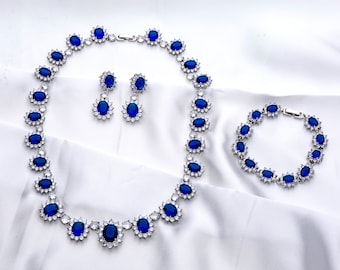 Princess Diana 3 Piece Simulated Sapphire and Diamond Jewellery Set, CZ Rhodium Plated